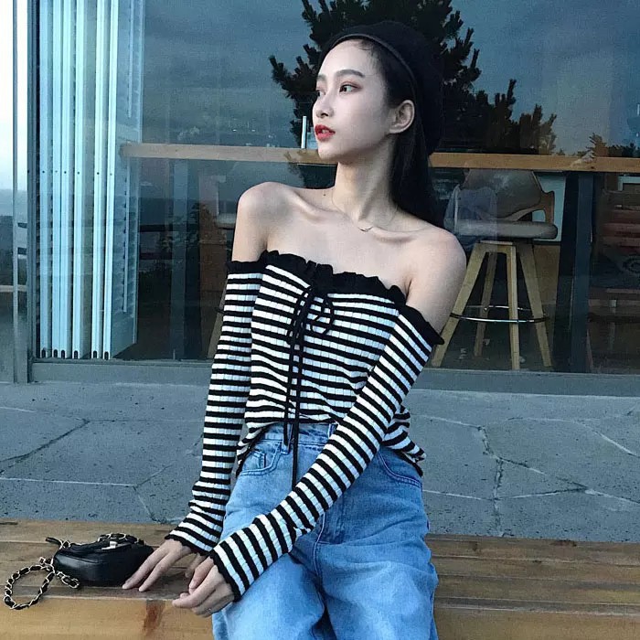 ✨Set Áo Trễ Vai Kẻ Mix Chân Váy Midi Len Tăm (Kèm hình thật) Hàng Siêu Đẹp