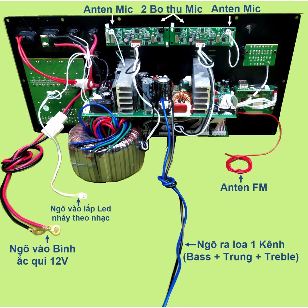 Mạch loa kéo 4 tấc đơn DSP Reverb Echo có chống hú - Equalizer 5 Band kèm loa và mic UHF vàng