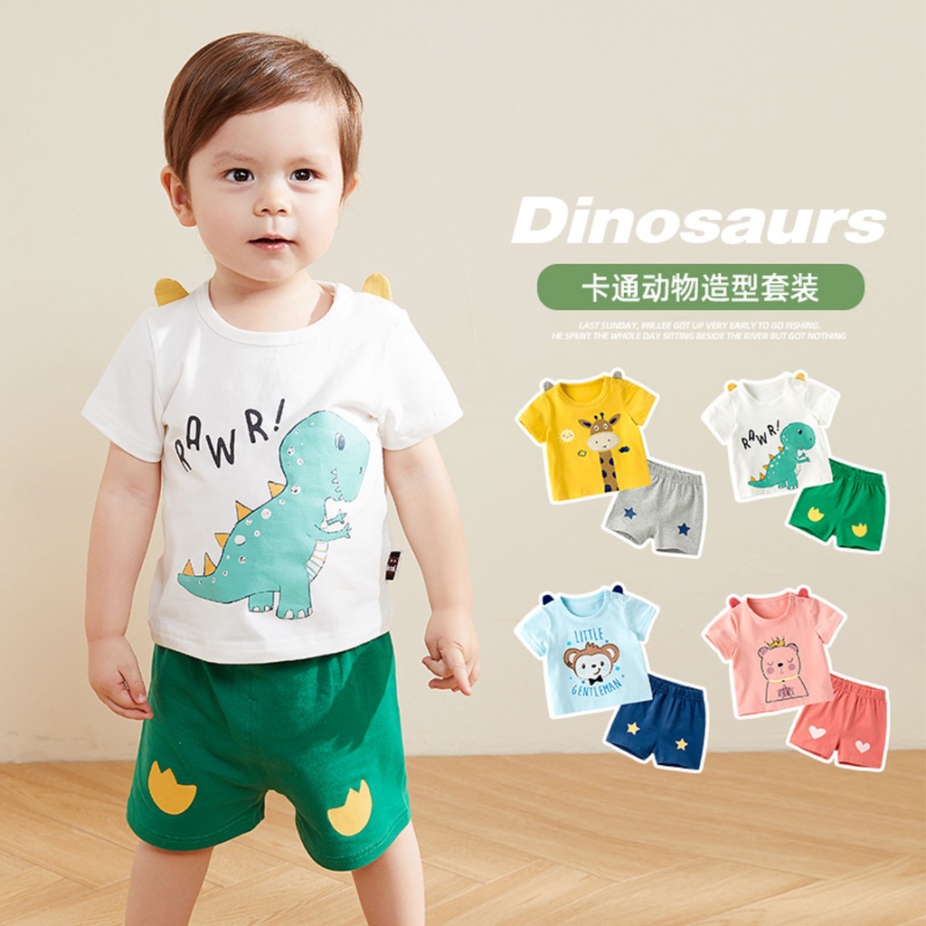 Bộ cộc tay cho bé trai, bộ hè chất cotton quảng châu hình thú dễ thương cho bé trai bé gái