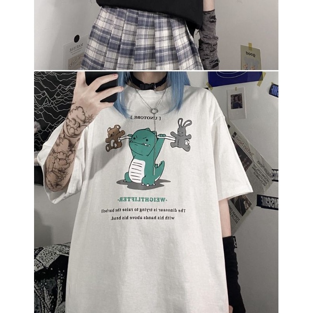 Áo Thun Tay Lỡ In Hình Khủng Long , Áo Phông Unisex Nam Nữ Form 38-65kg