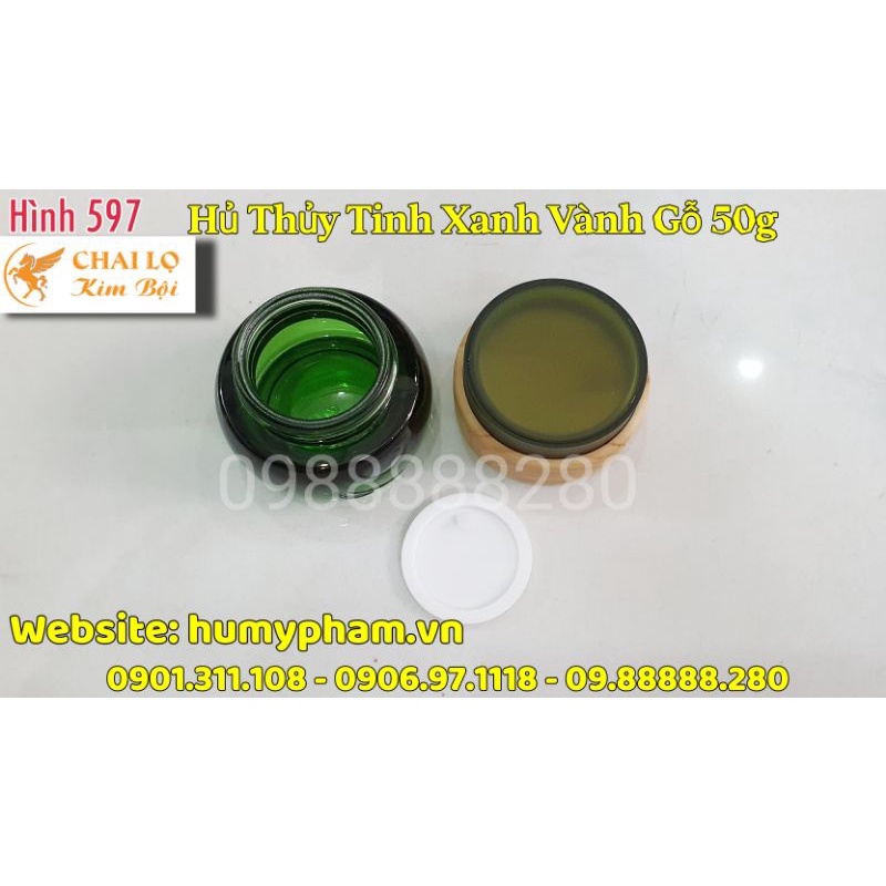 HỦ ĐỰNG KEM THỦY TINH XANH NẮP VÀNH GỖ 50g