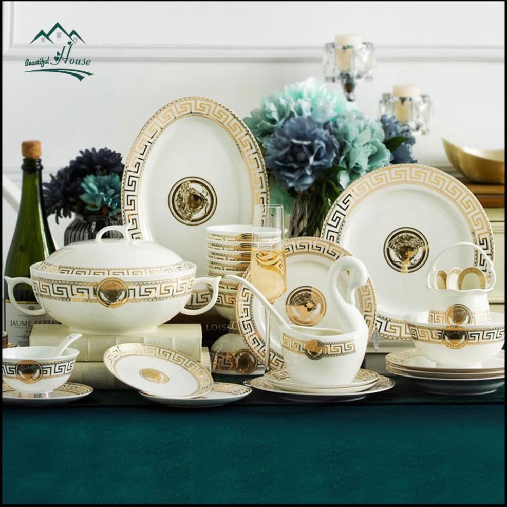 Bộ Bát Đĩa Luxury - Set Bát Chén Cao Cấp Ver.sace Sứ Xương 60 Chi Tiết M06