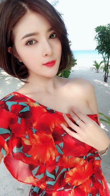 [Hình thật] Đầm Maxi bèo lệch vai hoa cam đi biển, đi chơi, đi tiệc cực đẹp | BigBuy360 - bigbuy360.vn