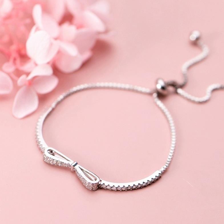 Lắc tay bạc nữ Linh Siver,Lắc tay bạc nơ đính đá dây rút cao cấp xi bạch kim