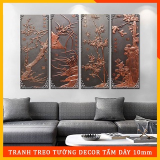 Tranh dán tường tứ quý 3D giả điêu khắc in UV trực tiếp, Gỗ dày 3mm cao cấp, Chống ẩm mốc, kèm băng dính xốp