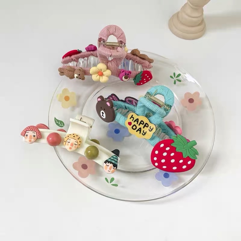 Kẹp tóc Hình Gấu Màu Xanh, Hồng gắn Sticker Thú Cưng, Hoa