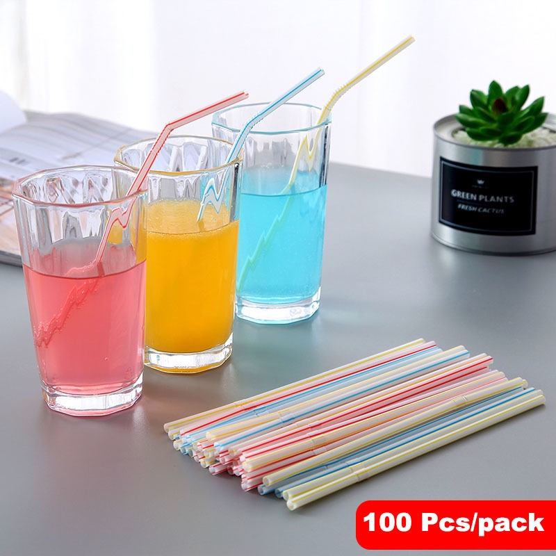 Set 100 Ống Hút Nhựa Sử Dụng Một Lần Họa Tiết Kẻ Sọc Màu Dạ Quang Có Thể Uốn Cong Cho Tiệc Cưới/Quán Bar