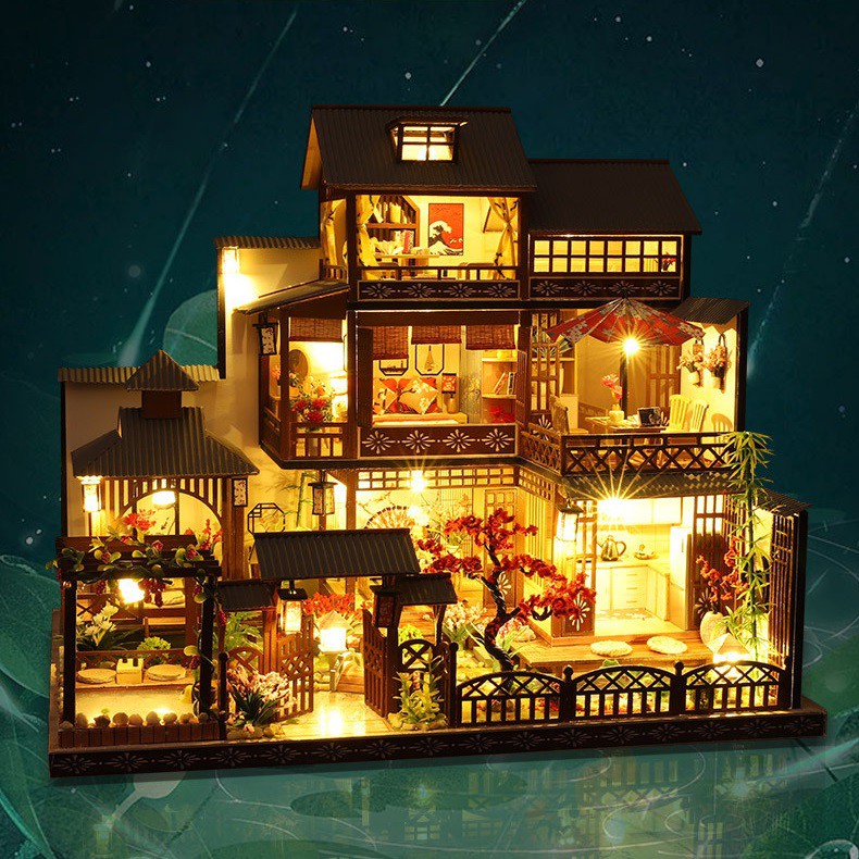 Mô hình nhà DIY Doll House Japanese Three - Layer Villa Kèm Mica Chống bụi, Bộ dụng cụ, Keo dán và Bộ phát nhạc