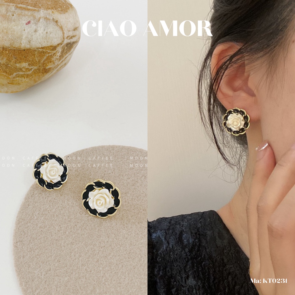 KT0231-Khuyên tai nữ, Hoa tai bạc 925 hoa hồng trắng viền đen Trang sức Ciao Amor