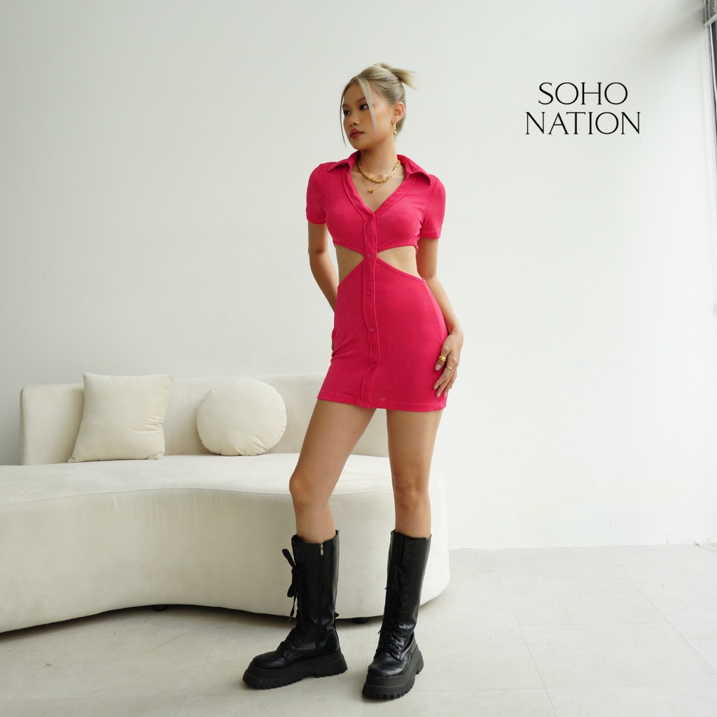SOHO NATION - Đầm thun sơ mi ngắn ôm body After Hours màu hồng Hot pink