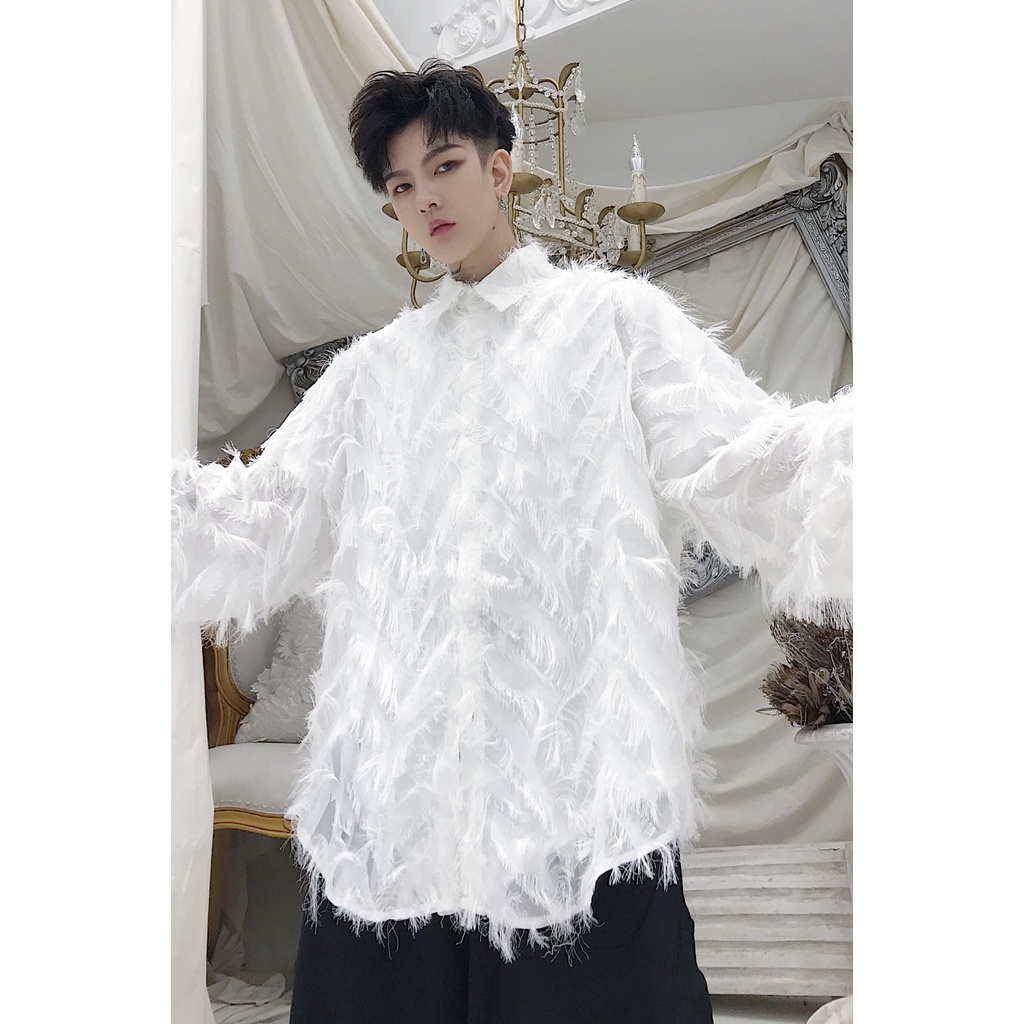 Áo Sơ Mi Dài Tay Xuyên Thấu Hình Lông Vũ Thời Thượng Phong Cách Phương Tây Cho Nam DJ