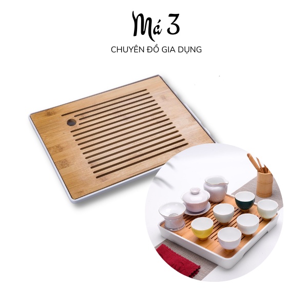 Khay trà tre có khay nhựa đựng nước cao cấp - Khay gỗ đựng ấm trà vuông có đế nhựa melamin