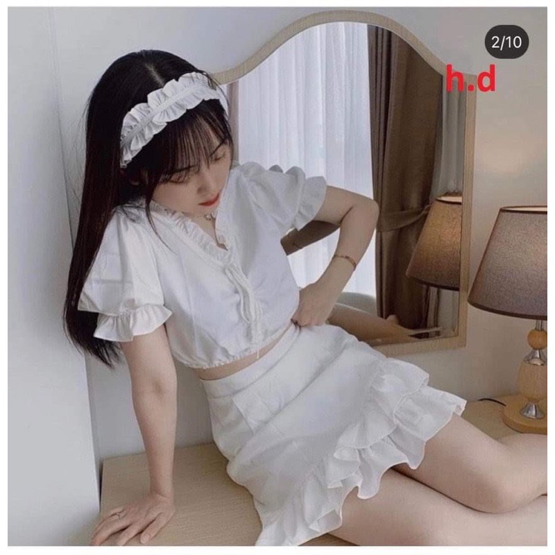 [Mã FAXANH245 giảm 10K đơn 50K] Sét váy cổ V chun eo + chân váy 2 tầng chéo HD55 | BigBuy360 - bigbuy360.vn