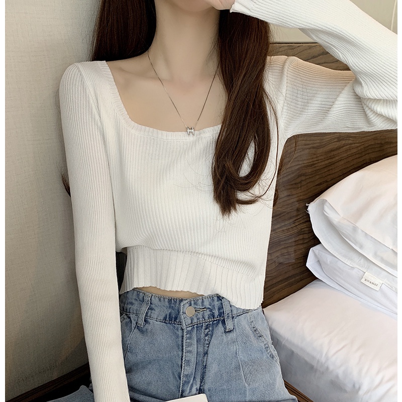 Porozi  Áo dệt kim tay dài cổ vuông dáng ngắn phong cách Hàn Quốc tùy chọn màu sắc dành cho nữ