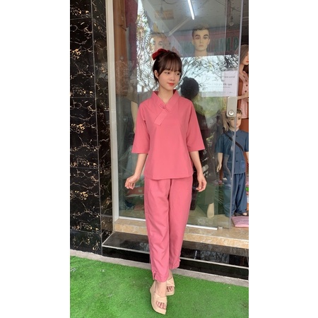 set đồ lam đi chùa đơn giản cho nữ bigsize, thời trang nữ  áo lam một nút