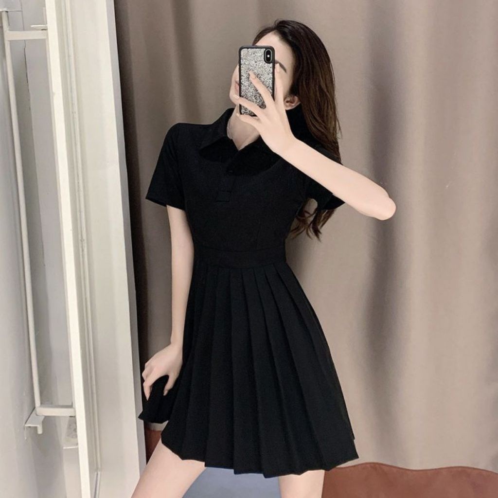 Váy Polo , Đầm Nữ Ngắn Xếp Ly , Dáng Xòe Màu Trơn , Chất Liệu Polyongester Cao Cấp Phong Cách Hàn Quốc