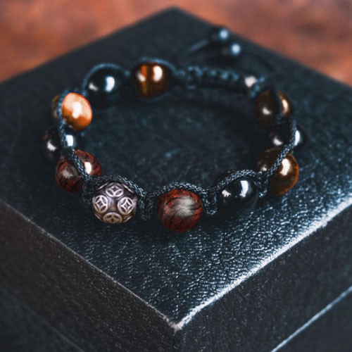 [LẮC TAY/ QUÀ TẶNG] Vòng tay phong thủy thời trang handmade nâu vàng và gỗ sưa bi kim ngân dây đan shamballa phật giáo