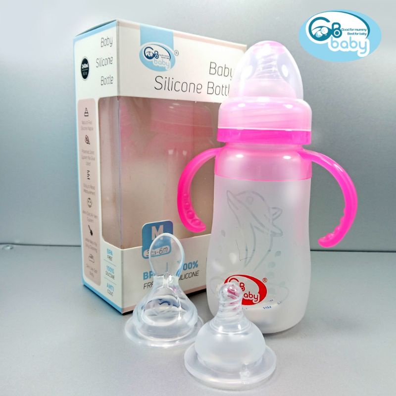 Bình sữa Silicone mềm bóp được , có van chống sặc , chống đổ cho bé 240ml GB BABY- Tặng kèm 1 đầu thìa silicone