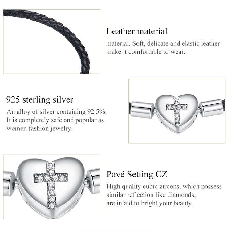 Vòng tay BAMOER SCB205 bằng da thật &amp; bạc thật 925 bạch kim mặt thánh giá khảm đá zircon thời trang cho nữ