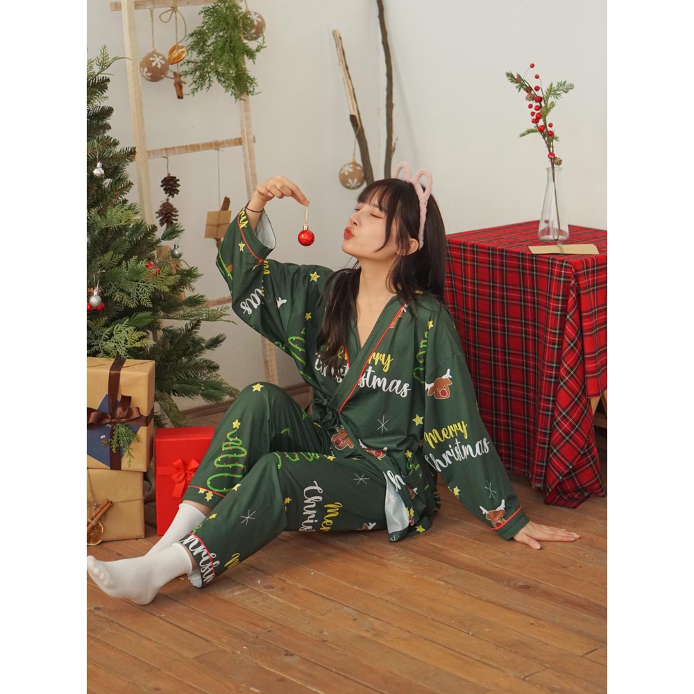 Bộ đồ dài tay Giáng sinh - Pijama kimono ngủ chất liệu cotton, thiết kế đồ ngủ kiểu Nhật bản - Poohouse | BigBuy360 - bigbuy360.vn