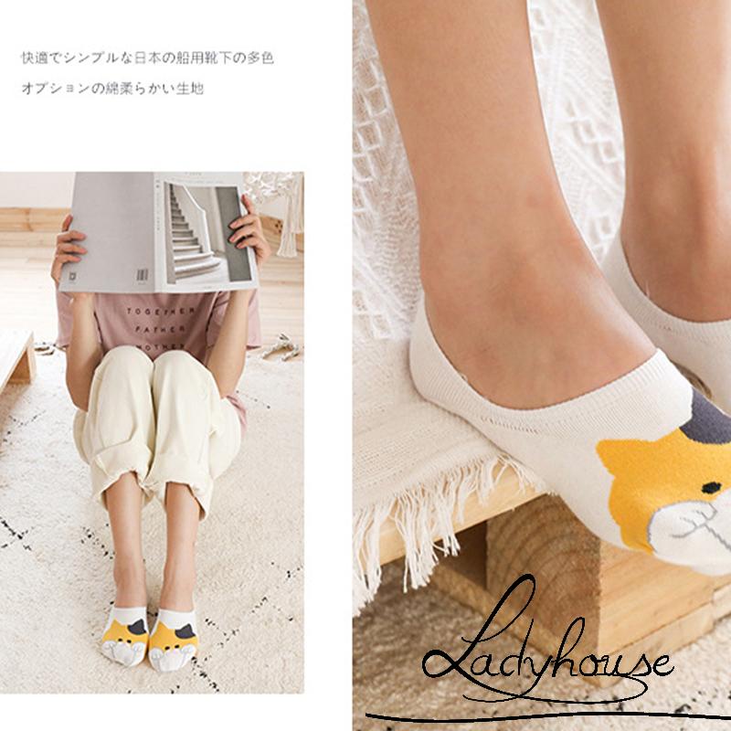 Vớ Phẳng Tàng Hình Chống Trượt In Hình Mèo Hoạt Hình Cổ Thấp Cho Nữ