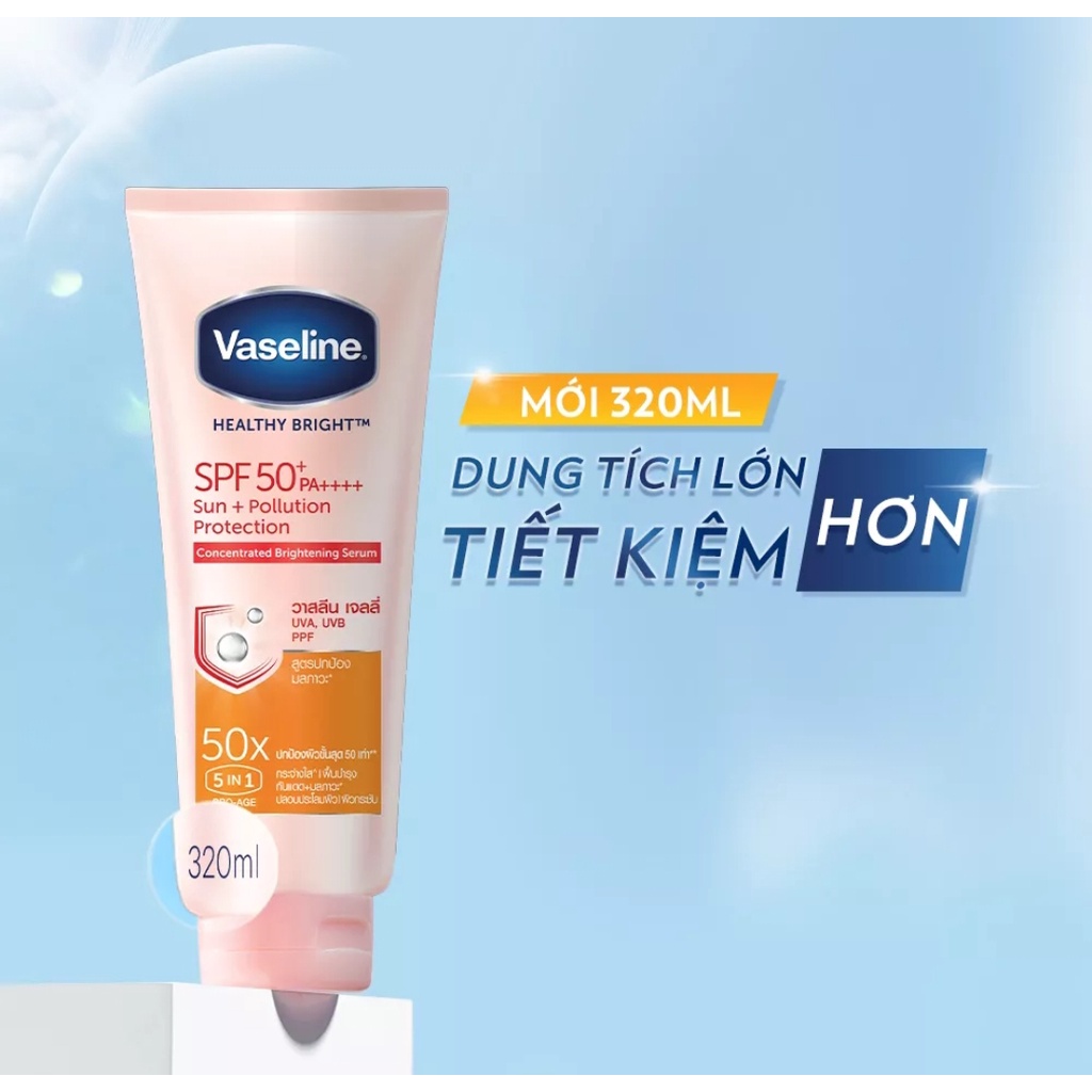 Serum chống nắng cơ thể Vaseline 50x bảo vệ da với SPF 50+ PA++++ giúp da sáng rạng rõ với Niacinamide 320ml
