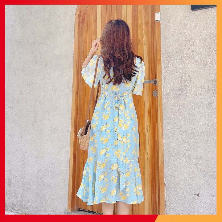 Đầm xòe hoa⚡𝗙𝗥𝗘𝗘 𝗦𝗛𝗜𝗣⚡ Đầm hoa cổ U cúc bọc phối tay cánh tiên siêu che khuyết điểm màu cực ngọt | BigBuy360 - bigbuy360.vn