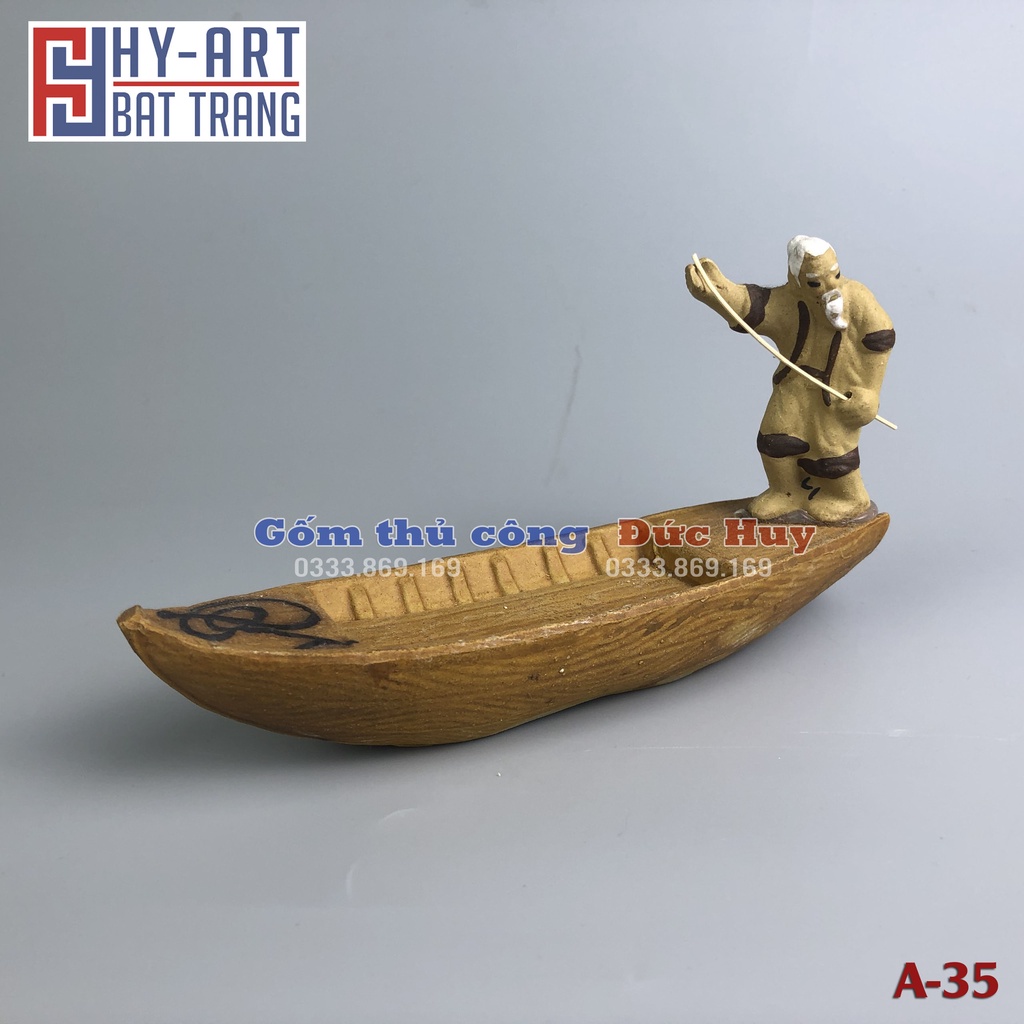 Tiểu cảnh hồ cá, bể cá cảnh, Tượng gốm ông lão ngồi thuyền trang trí hòn non bộ chậu cây bonsai
