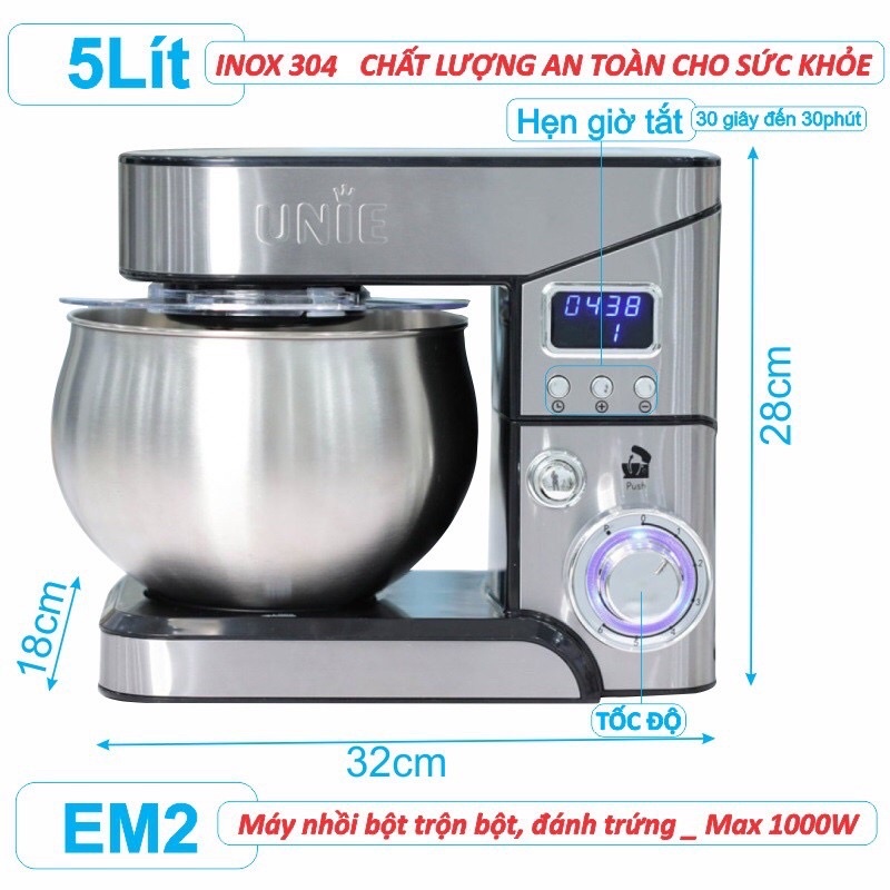 Máy nhào bột gia đình UNIE EM2 vào bếp với máy nhồi bột giúp cho việc đánh trứng và làm bánh trở nên nhẹ nhàng