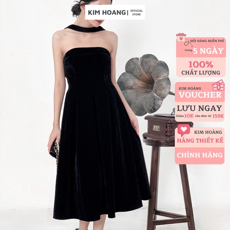 Đầm dự tiệc trễ vai Kim Hoàng. Váy đi tiệc dáng xoè cúp ngực thắt nơ lưng vải nhung đen hàng thiết kế cao cấp (Khả Ngân) | BigBuy360 - bigbuy360.vn