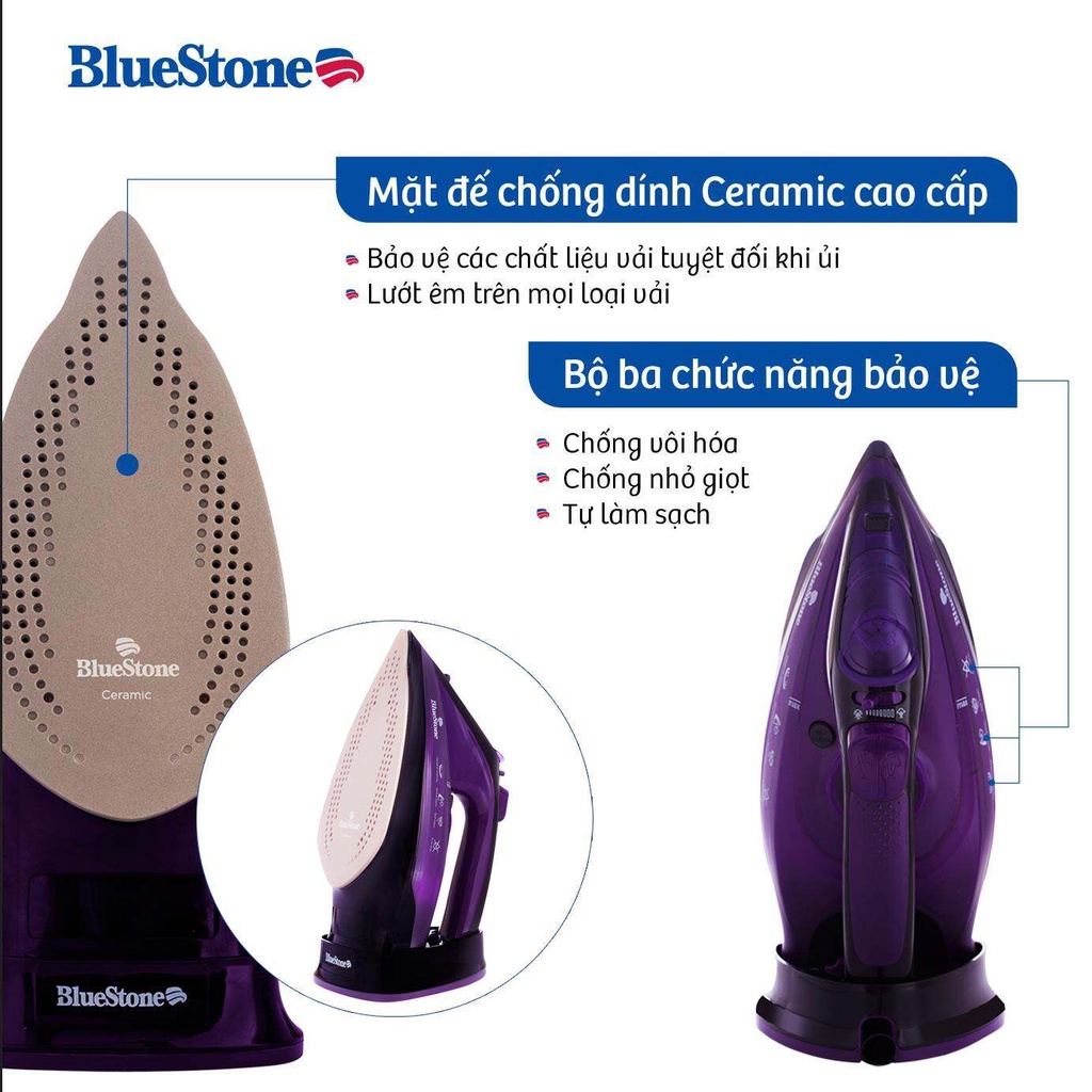 Bàn Ủi Hơi Nước không dây BlueStone SIB-3854 (2400W) - Mặt đế chông dinh Ceramic cao cấp - Bảo hành chính hãng 2 năm