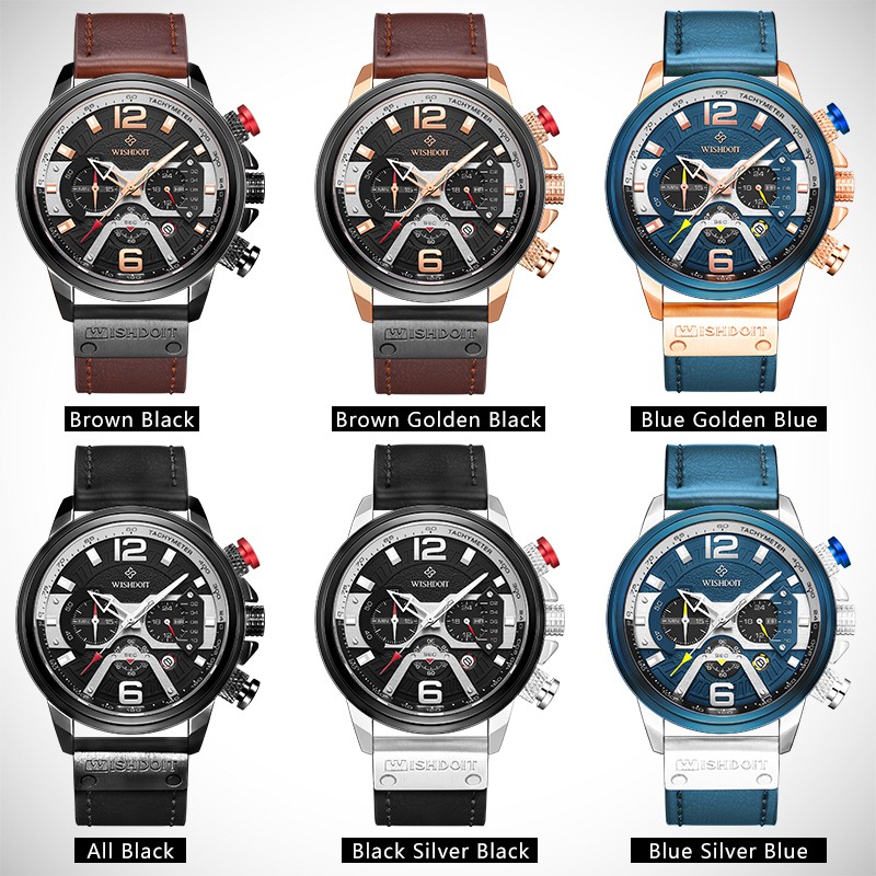Đồng hồ đeo tay nam WISHDOIT dạ quang máy thạch anh dây da chống nước ba mặt đồng hồ đa năng phong cách thể thao