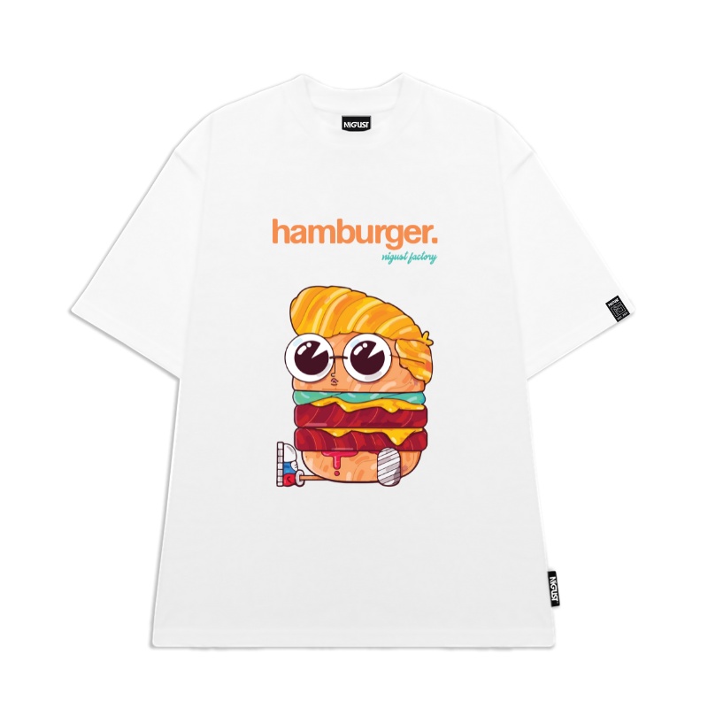 Áo Thun đen trắng tay lỡ NIGUST Hamburger N119 vải cotton cao cấp 4C Fullbox