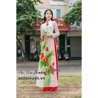 Thanh lý áo dài voan in hoa sen đỏ cỡ M, cỡ L, áo dài có cổ và không cổ, đã qua sử dụng