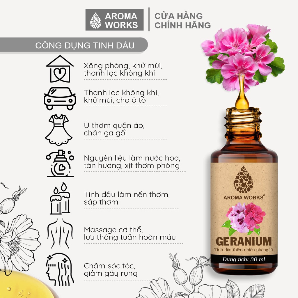 Tinh dầu Phong Lữ Aroma Works thơm phòng, khử mùi, thanh lọc không khí - Geranium