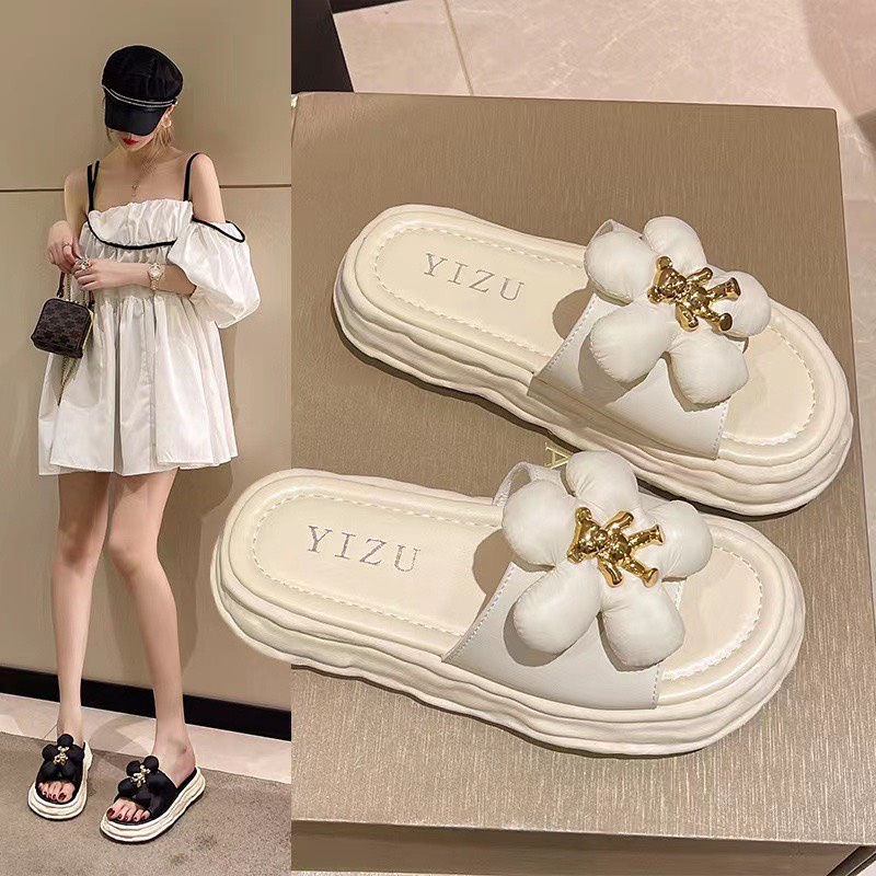 Dép nữ thời trang YiZu cao 3cm tôn dáng thời trang đính hoa gấu siêu đẹp