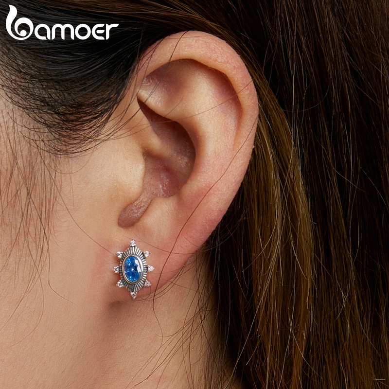 Cặp bông tai BAMOER bằng bạc 925 đính đá màu xanh dương thời trang