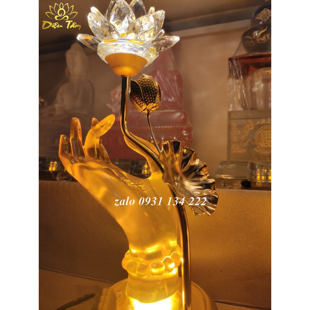 Cặp Đèn thờ tay phật cầm hoa sen, Đèn thủ ấn liên hoa lưu ly pha lê cao cấp