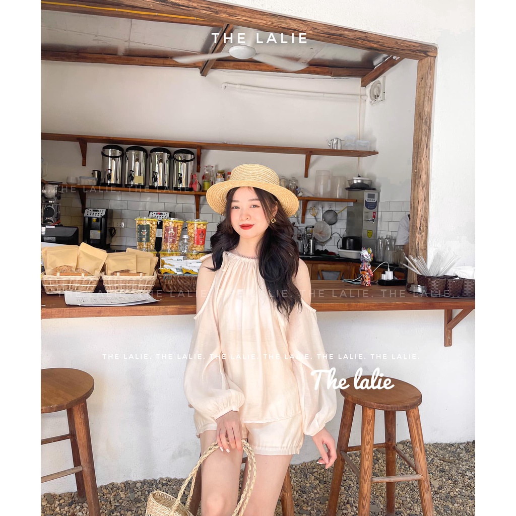 Set Áo Khoét Vai Buộc Nơ Lalie phối quần sooc voan tơ mềm mát phom dáng korea 2 màu