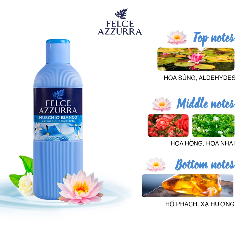 Sữa Tắm FELCE AZZURRA Muschio Bianco Hương Nước Hoa Xạ Hương Trắng & Hổ Phách Dưỡng Ẩm 650ML - 8001280068058