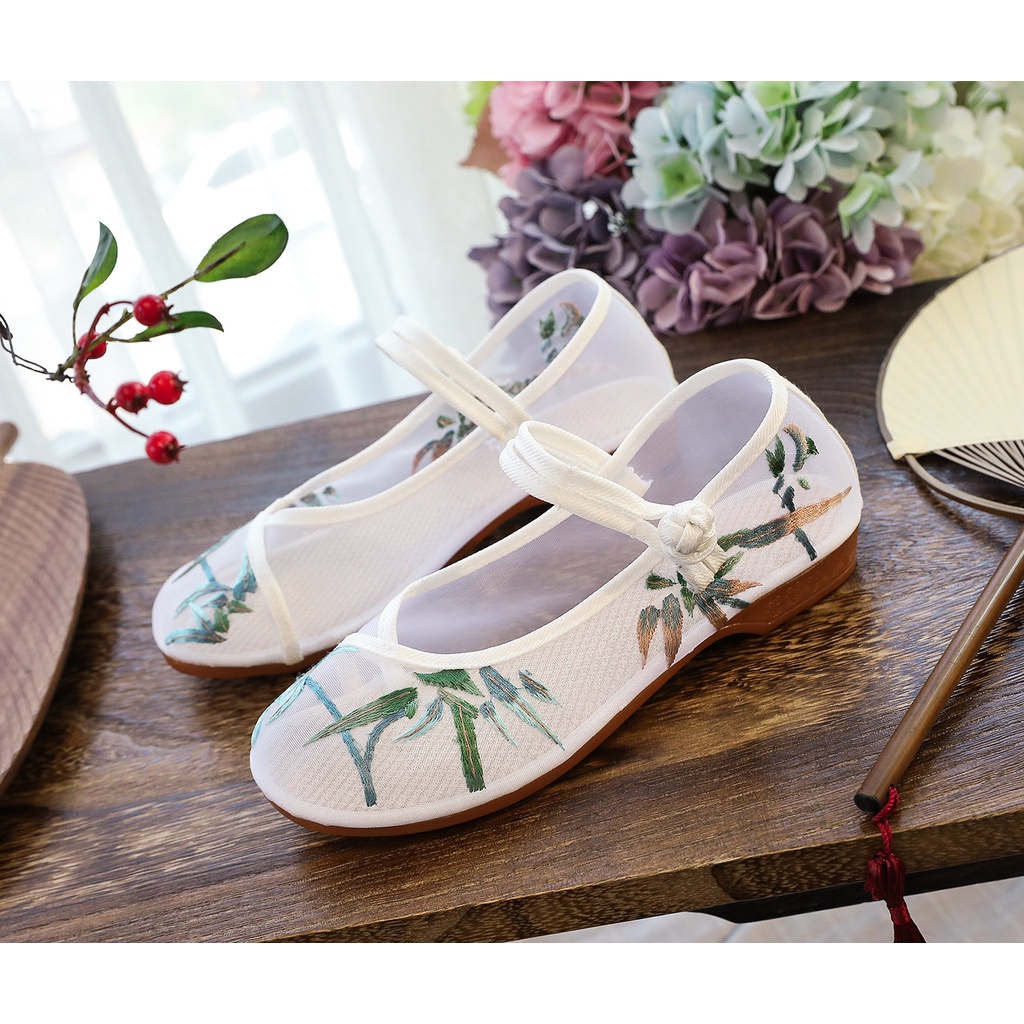 Giày Sandal Vải Lưới Phối Lưới Thêu Họa Tiết Kiểu Hán Phục Thời Trang Xuân Hè