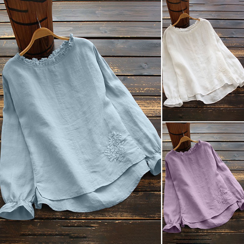 Áo ZANZEA dài tay cổ tròn thời trang thanh lịch dành cho nữ