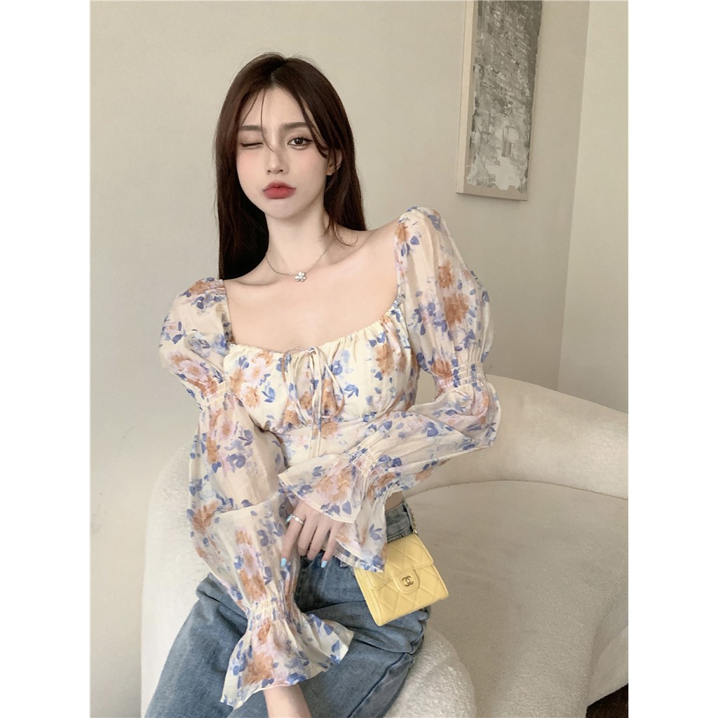 Cocory vn Áo croptop chất chiffon tay dài hoạ tiết hoa phong cách hàn quốc