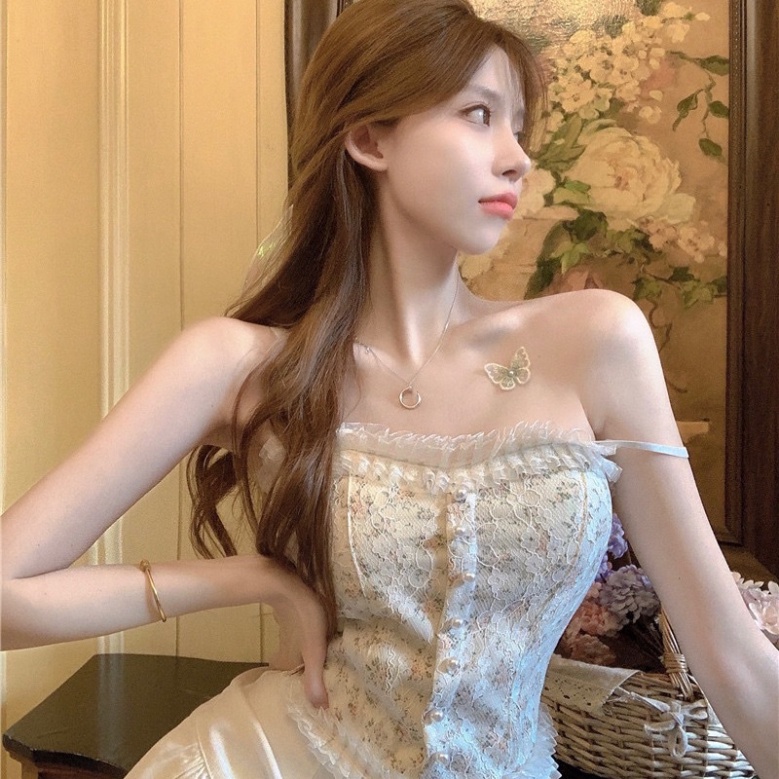 Áo 2 Dây Nữ Ren Hoa Tiểu Thư Đính Hạt Viền Bèo, Chun Sau Dáng Croptop Siêu Sang Chảnh Có Mút Ngực 1202 chất đẹp, thoáng