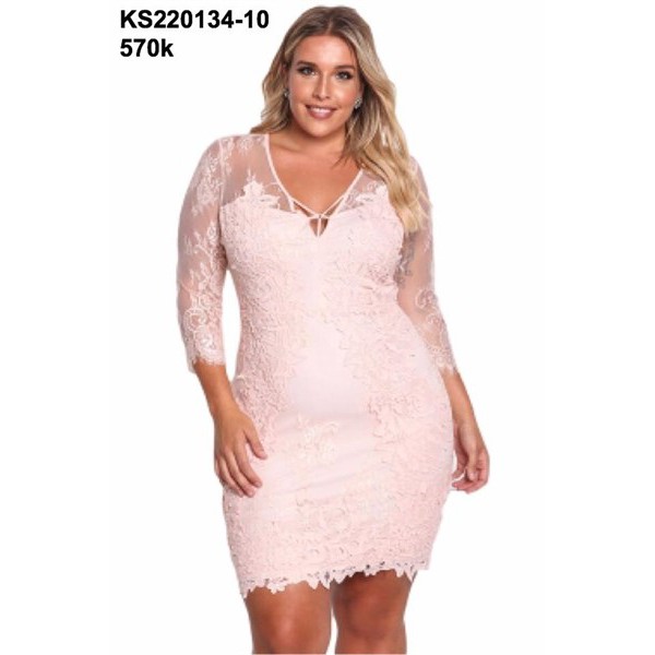ĐẦM ÔM BODY HỒNG BIG SIZE 55- 110KG TAY DÀI PHỐI REN (KS220134-10)