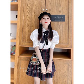 Set áo sơ mi bánh bèo mix chân váy kẻ caro cực xinh cho nàng