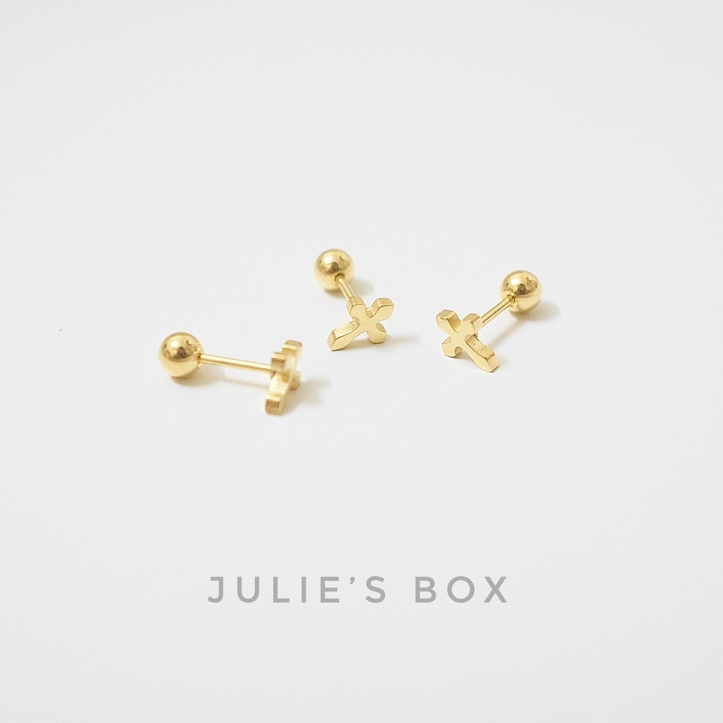 [1 Chiếc] Khuyên Tai Titan Unisex Thánh Giá Màu Vàng Đuôi Bi Không Gỉ Sét Không Ngứa Bông Tai Julies Box 66