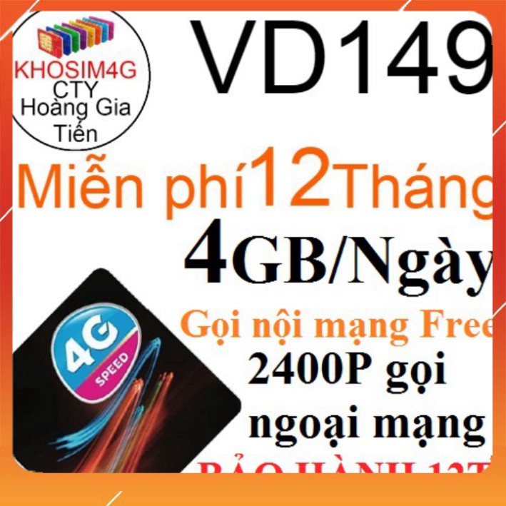 SIM 4G VINA VD149 12T KM 4GB/NGÀY vd89 TẶNG 2GB/NGÀY trọn gói 1 năm không cần nạp tiền hàng tháng