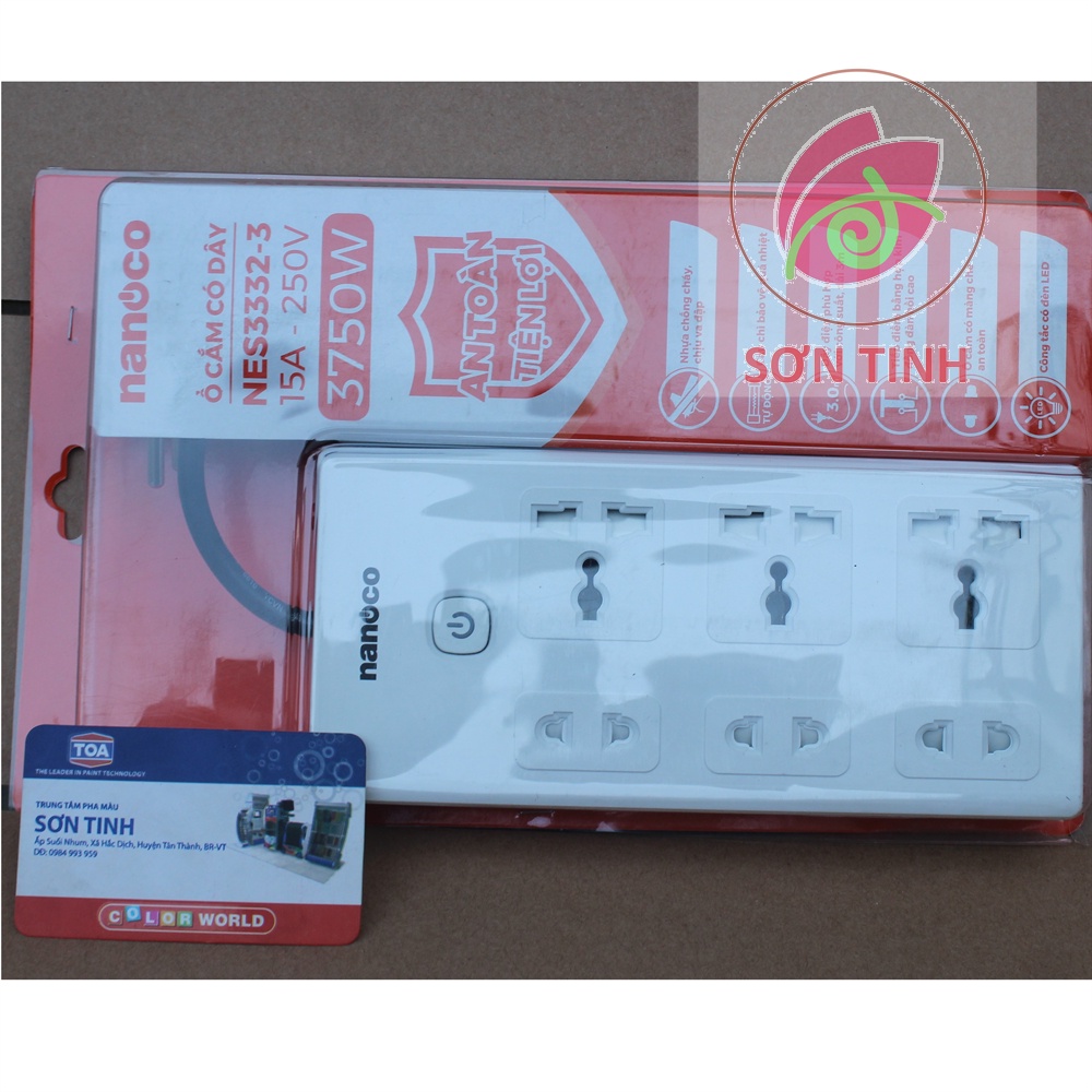 Ổ cắm có dây nối dài, 3 ổ cắm đa năng + 3 ổ cắm 2 chấu và 1 công tắc Nanoco NES3332-3