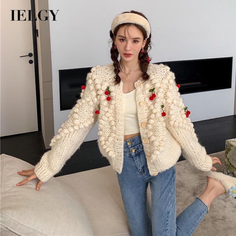 Áo khoác cardigan IELGY len dáng rộng họa tiết quả cherry phong cách retro thời trang dành cho nữ